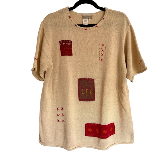 VTG Coldwater Creek Linen Cotton Knit Short Sleeve Cream Embroidered Sweater 1X - Picture 3 of 9